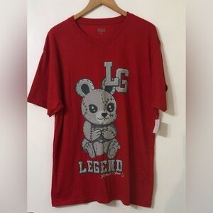 Men’s red crewneck T-shirt Legends Never Die with Bear Graphic short sleeves. XL